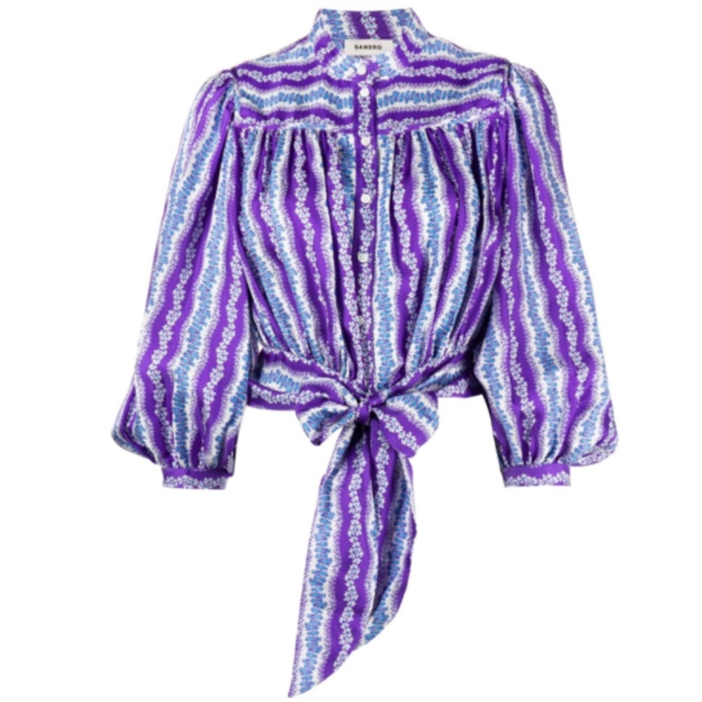 Sandro Silk Floral Stripe Purple Blue Balloon Sleeve Button Tie Cropped Blouse S - Picture 5 of 17